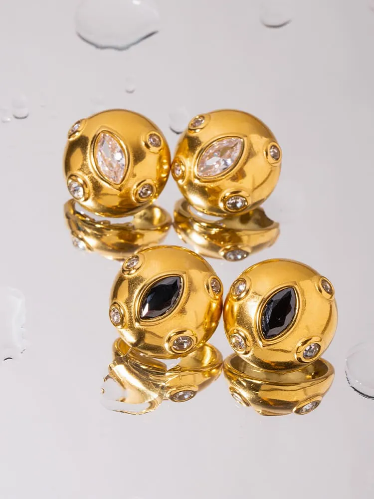 Ball Earrings 18K Gold Plated Big Chunky Ball Earrings Center Cubic Zirconia Simulated Diamonds Onyx
