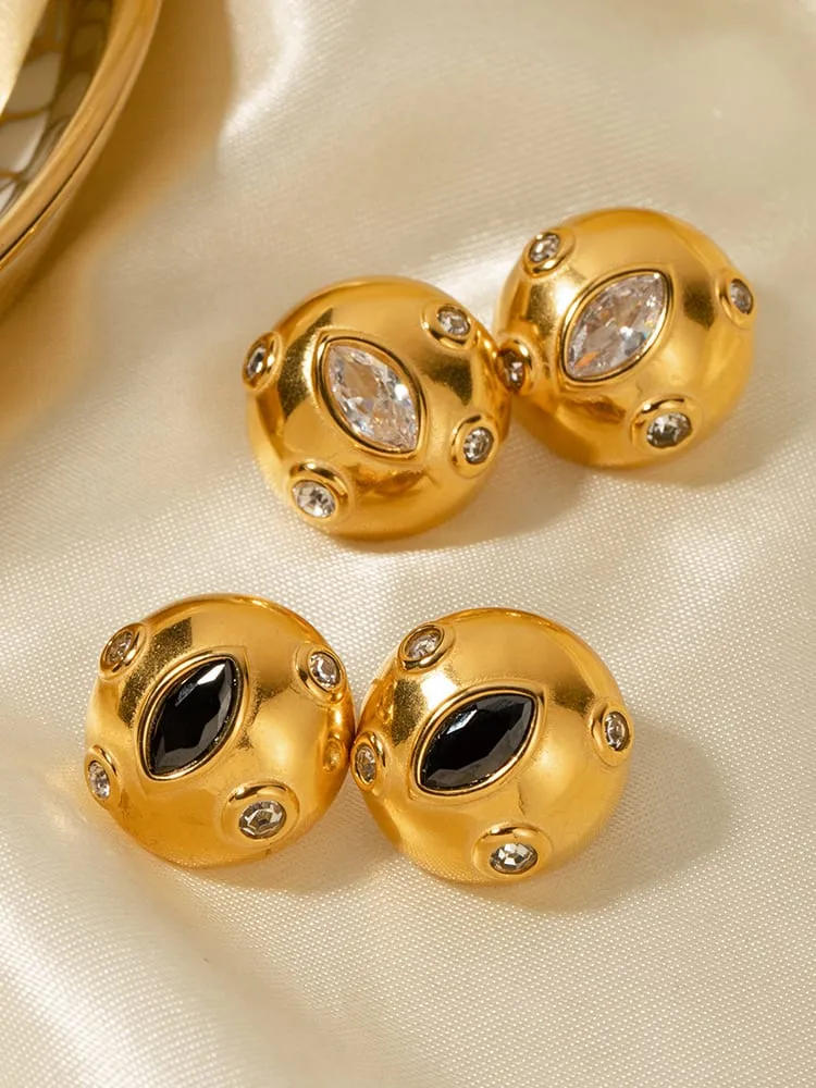 Ball Earrings 18K Gold Plated Big Chunky Ball Earrings Center Cubic Zirconia Simulated Diamonds Onyx