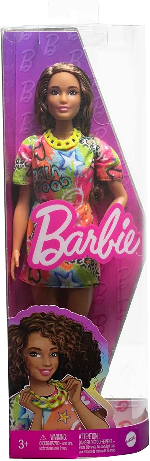 Barbie Fashionistas Doll with Brunette Curly Hair And Graffiti Dress #201 for Kids Ages 3  (HPF77)