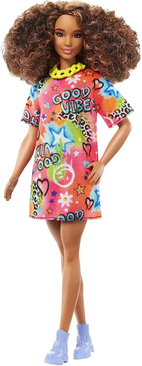 Barbie Fashionistas Doll with Brunette Curly Hair And Graffiti Dress #201 for Kids Ages 3  (HPF77)
