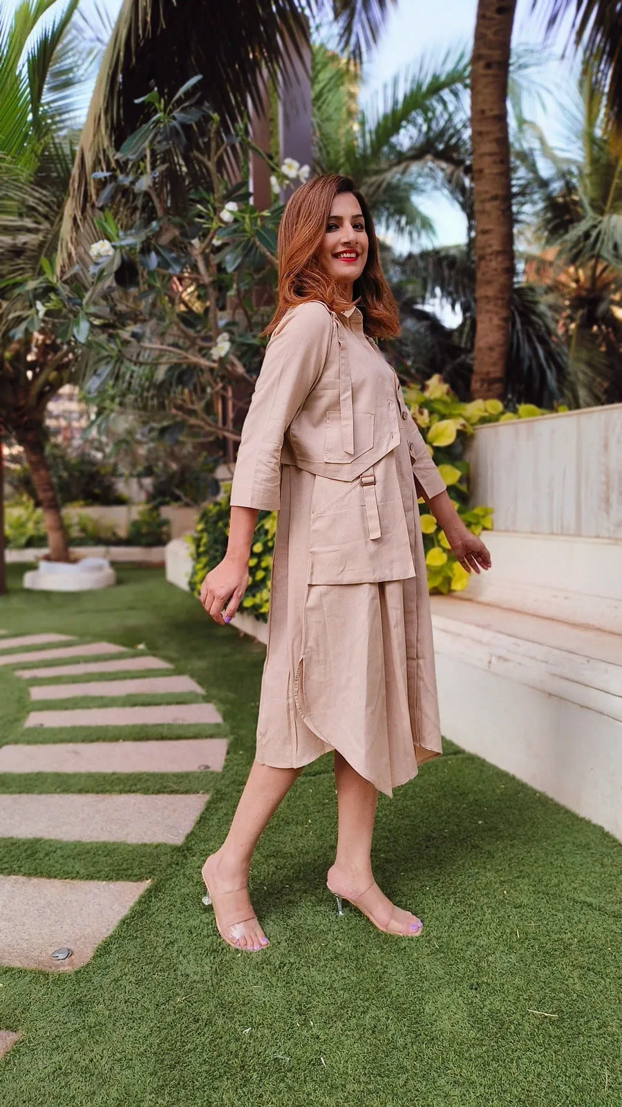 Beige Shirt Dress With Waist Coat