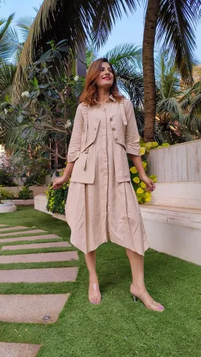 Beige Shirt Dress With Waist Coat