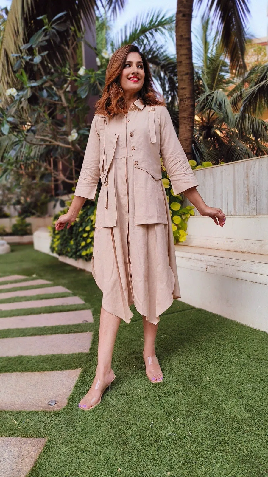 Beige Shirt Dress With Waist Coat