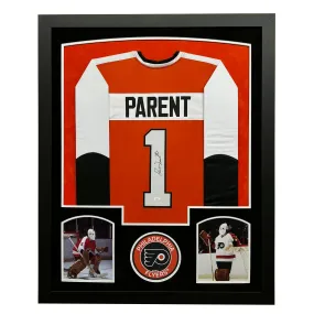 Bernie Parent Signed Orange Custom Suede Matte Framed Hockey Jersey