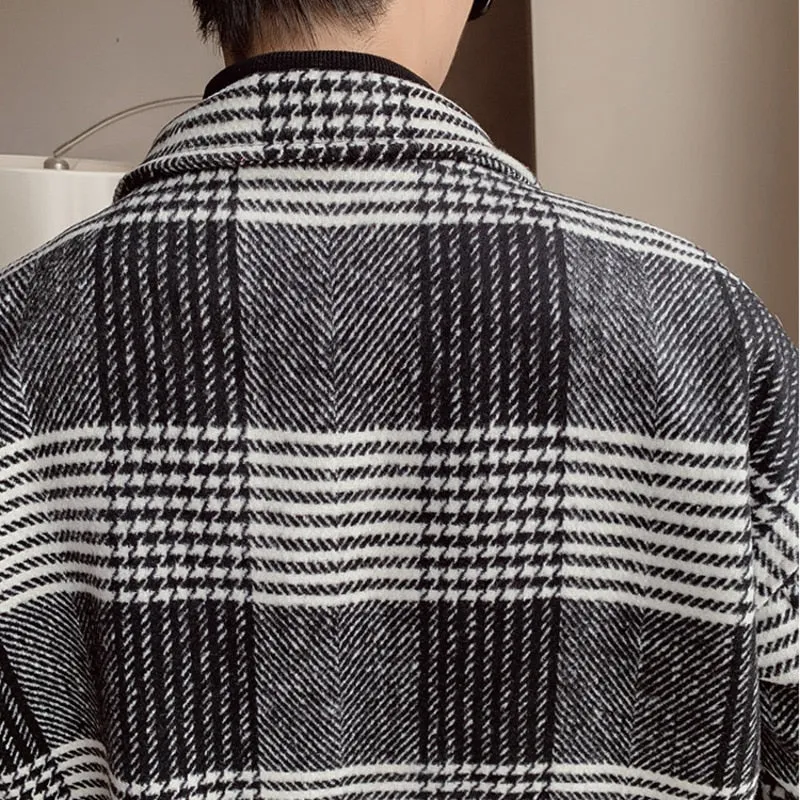 Black Grey Plaid Pattern Long Coat