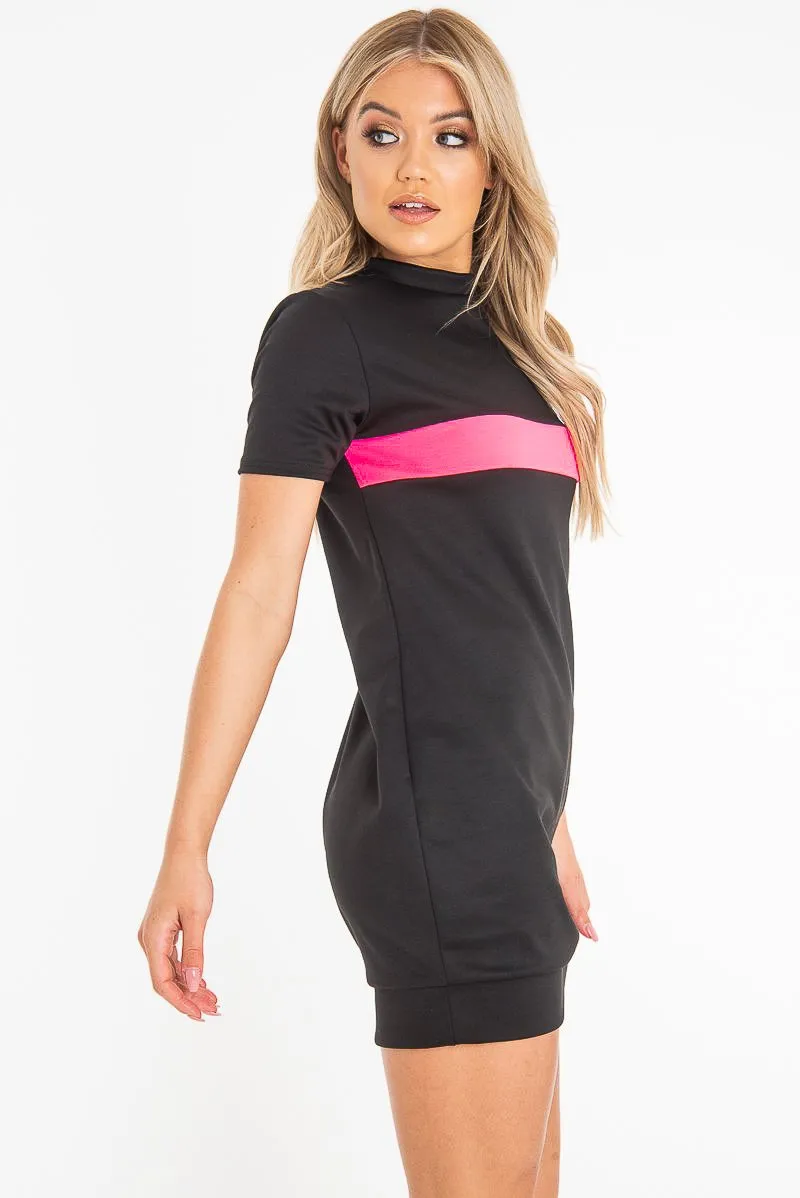 Black Neon Pink Stripe Detail T-Shirt Dress - Crystal