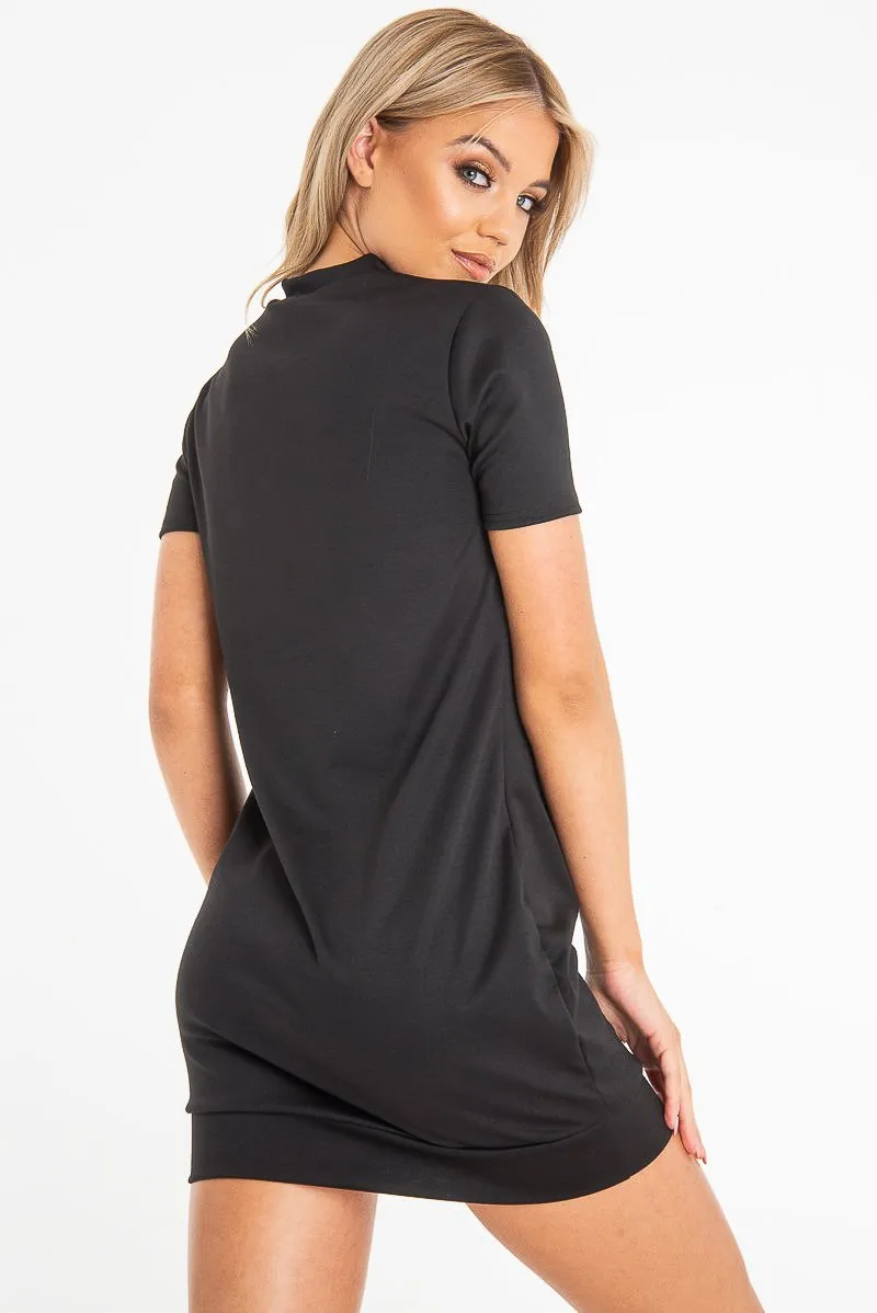 Black Neon Pink Stripe Detail T-Shirt Dress - Crystal