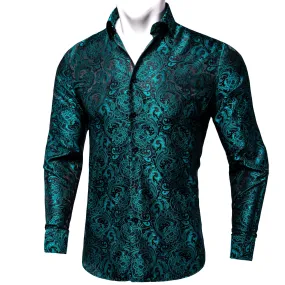 Black Teal Blue Floral Silk Men's Long Sleeve Shirt