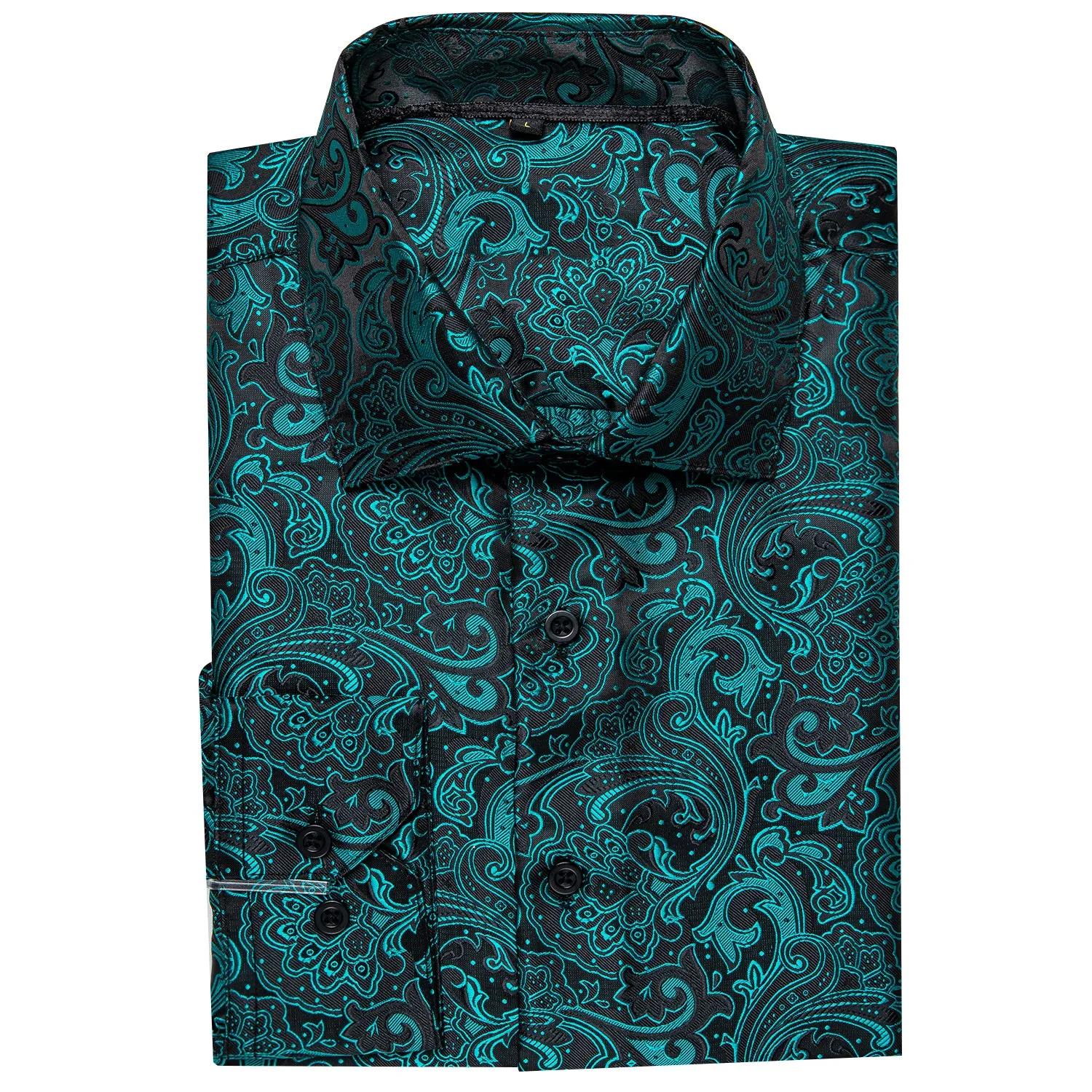 Black Teal Blue Floral Silk Men's Long Sleeve Shirt