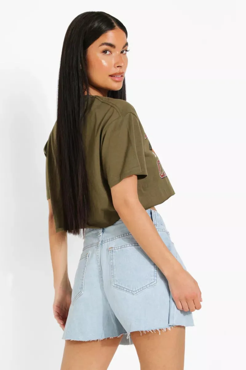 Boohoo Petite Khaki Houston Printed Crop Ladies T-Shirt