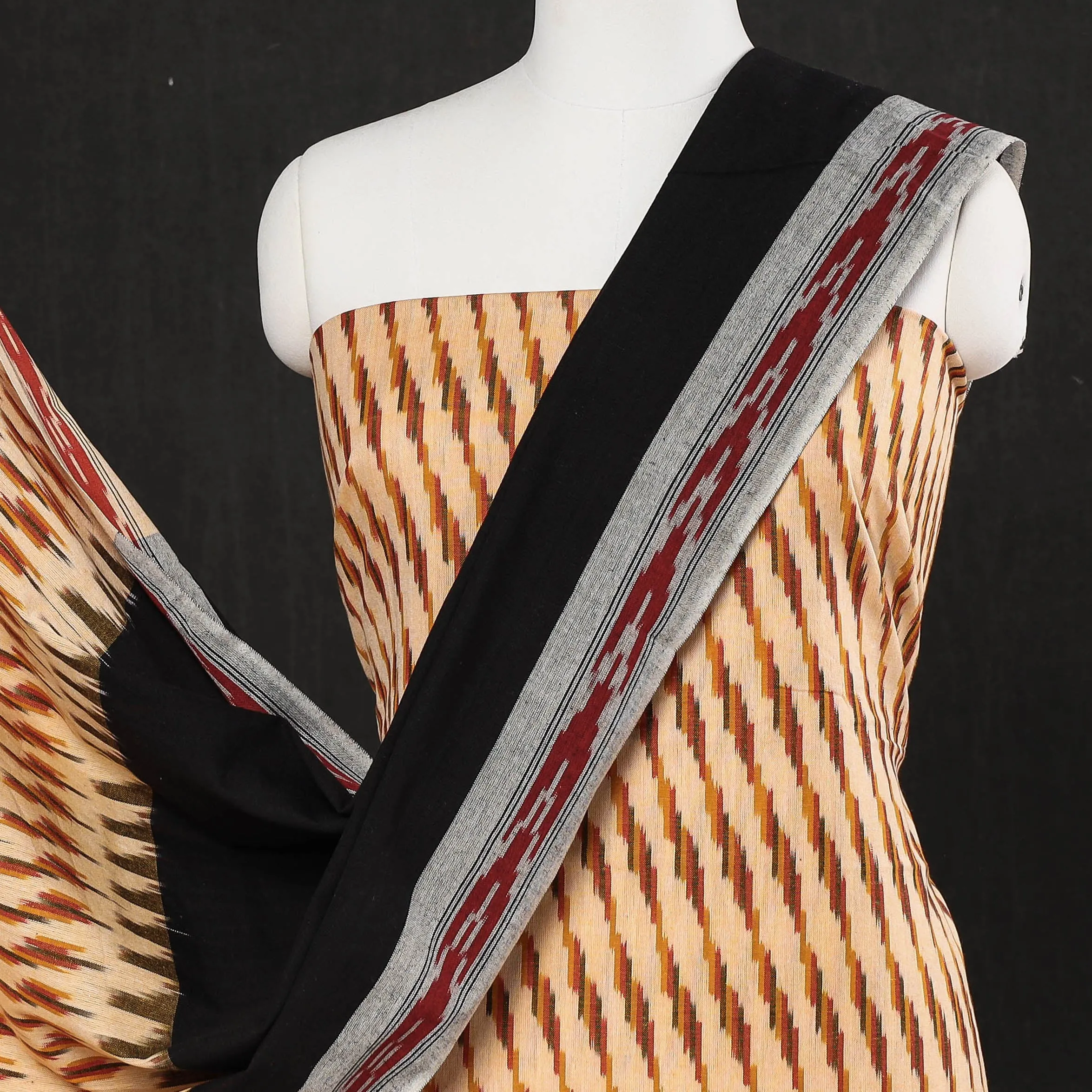 Brown - 3pc Pochampally Ikat Weave Cotton Suit Material Set