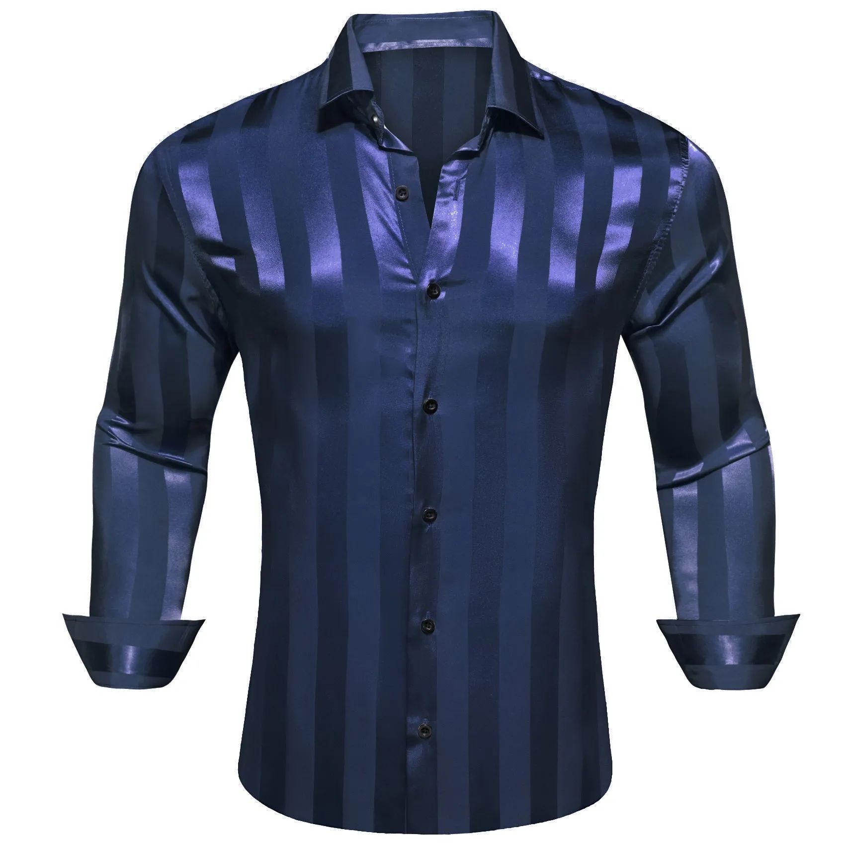 Casual Navy Blue Striped Shiny Satin Men's Long Sleeve Shirt