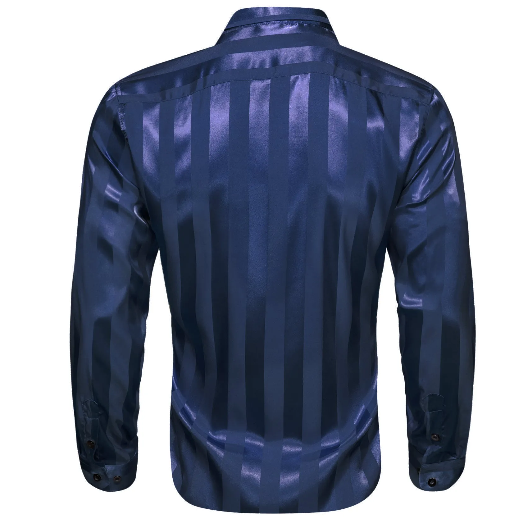 Casual Navy Blue Striped Shiny Satin Men's Long Sleeve Shirt