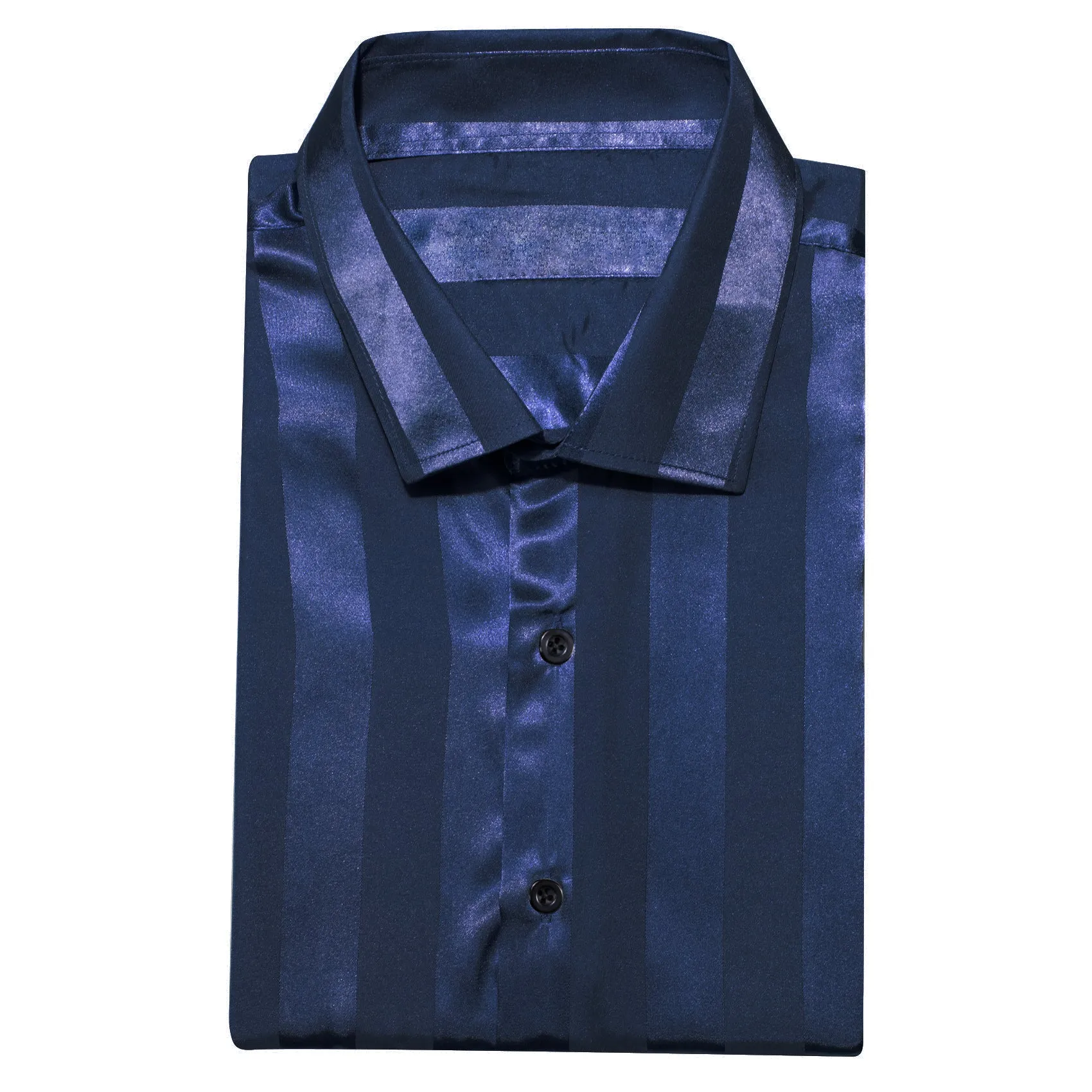 Casual Navy Blue Striped Shiny Satin Men's Long Sleeve Shirt