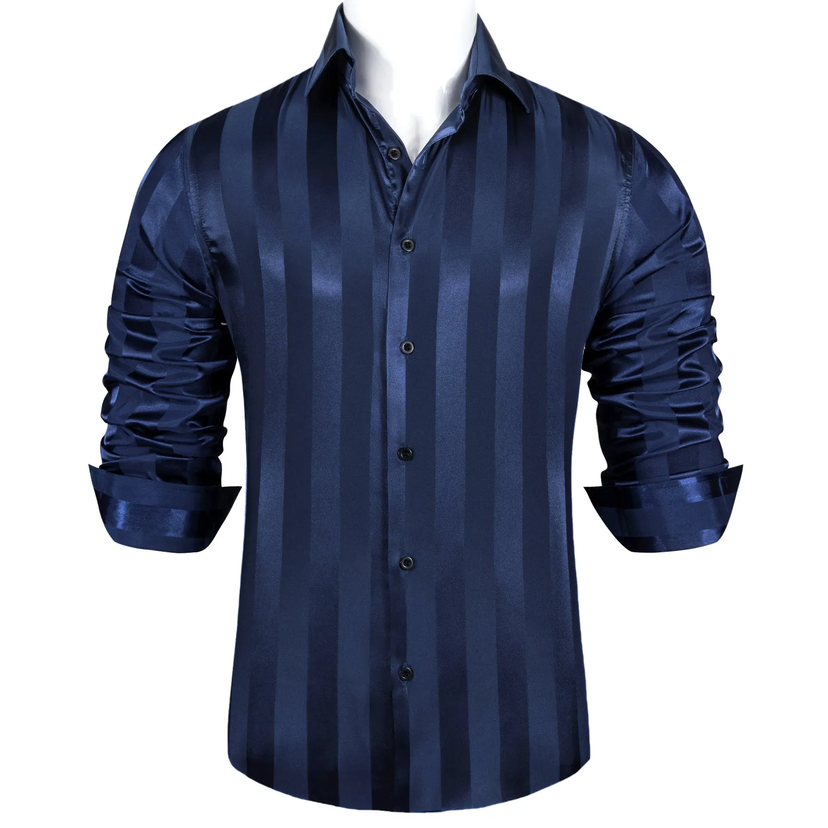 Casual Navy Blue Striped Shiny Satin Men's Long Sleeve Shirt