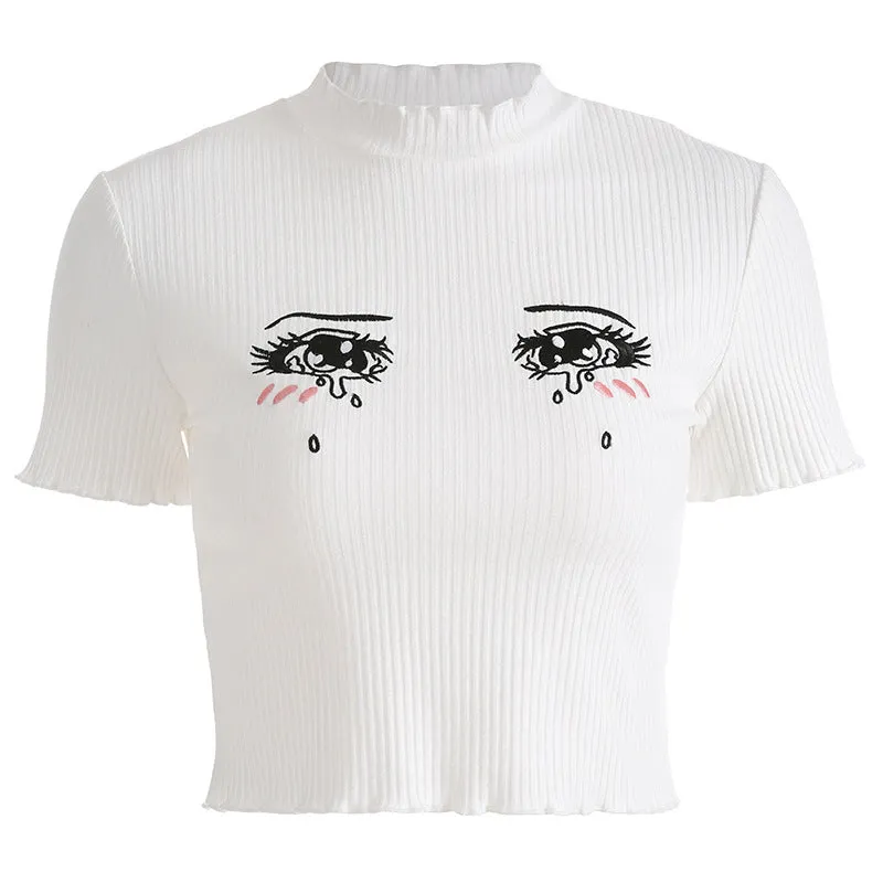 Chic Cartoon Eyes Ruffle Crop Top T-Shirt