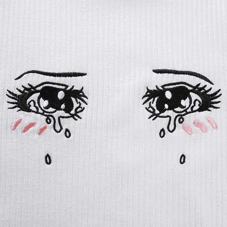 Chic Cartoon Eyes Ruffle Crop Top T-Shirt
