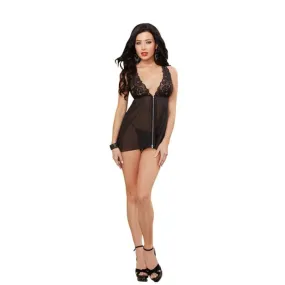 Chiffon Zip Front Babydoll and Thong - Medium -  Black