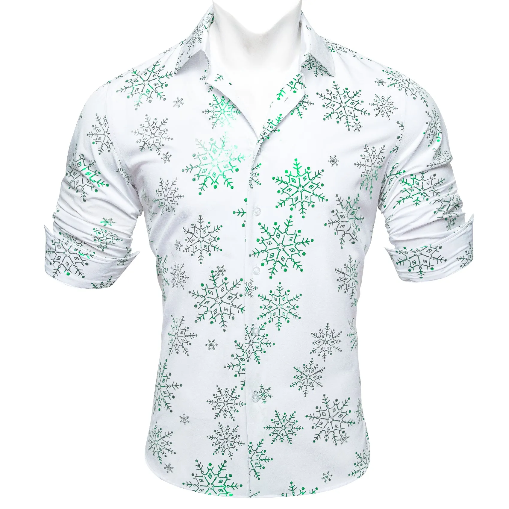 Christmas White with Green Snowflake Floral Men's Long Sleeve Shirt