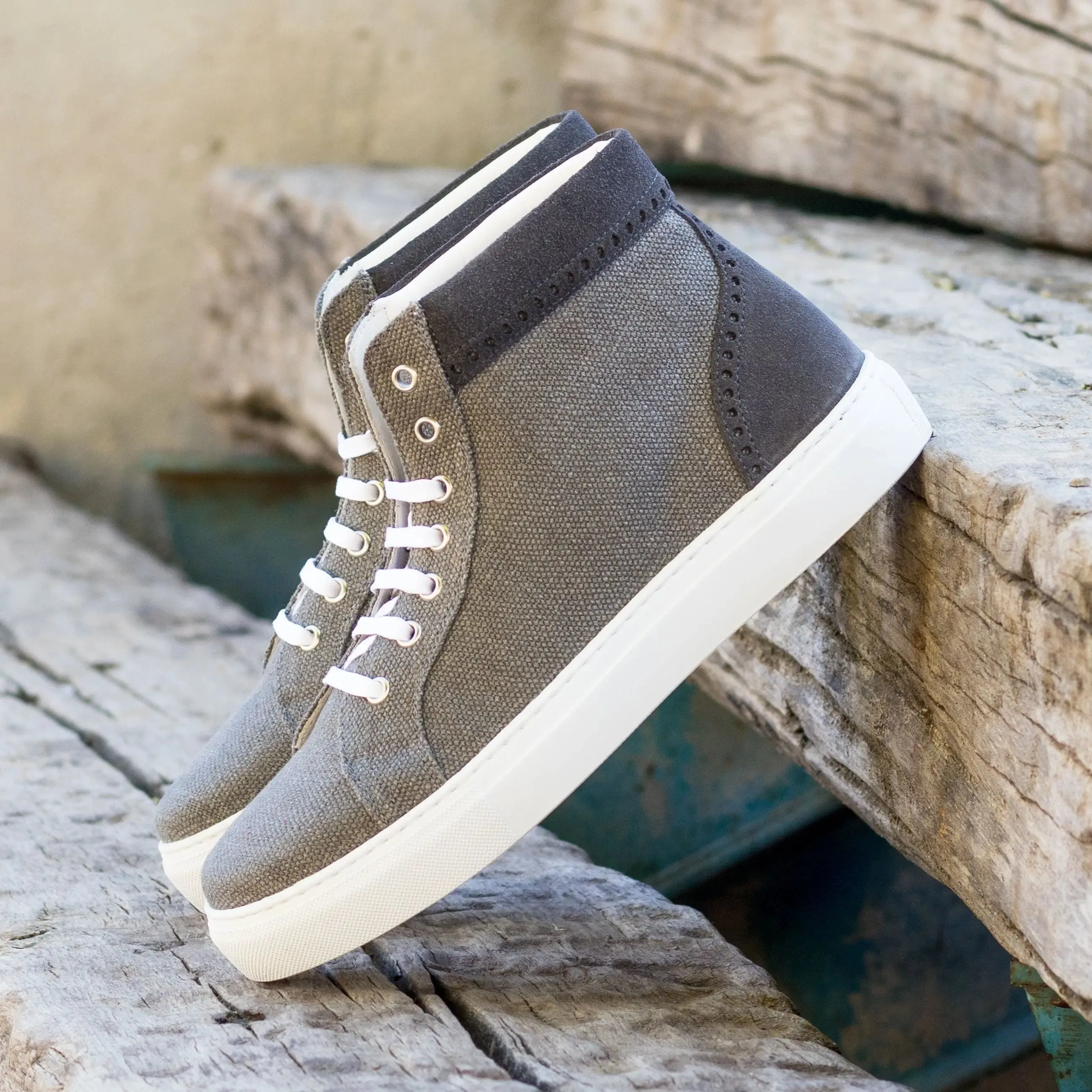 DapperFam Dante in Grey Women's Linen & Lux Suede High Top