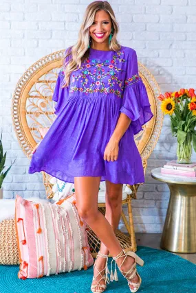 Date Night In Paradise Embroidered Dress in Purple