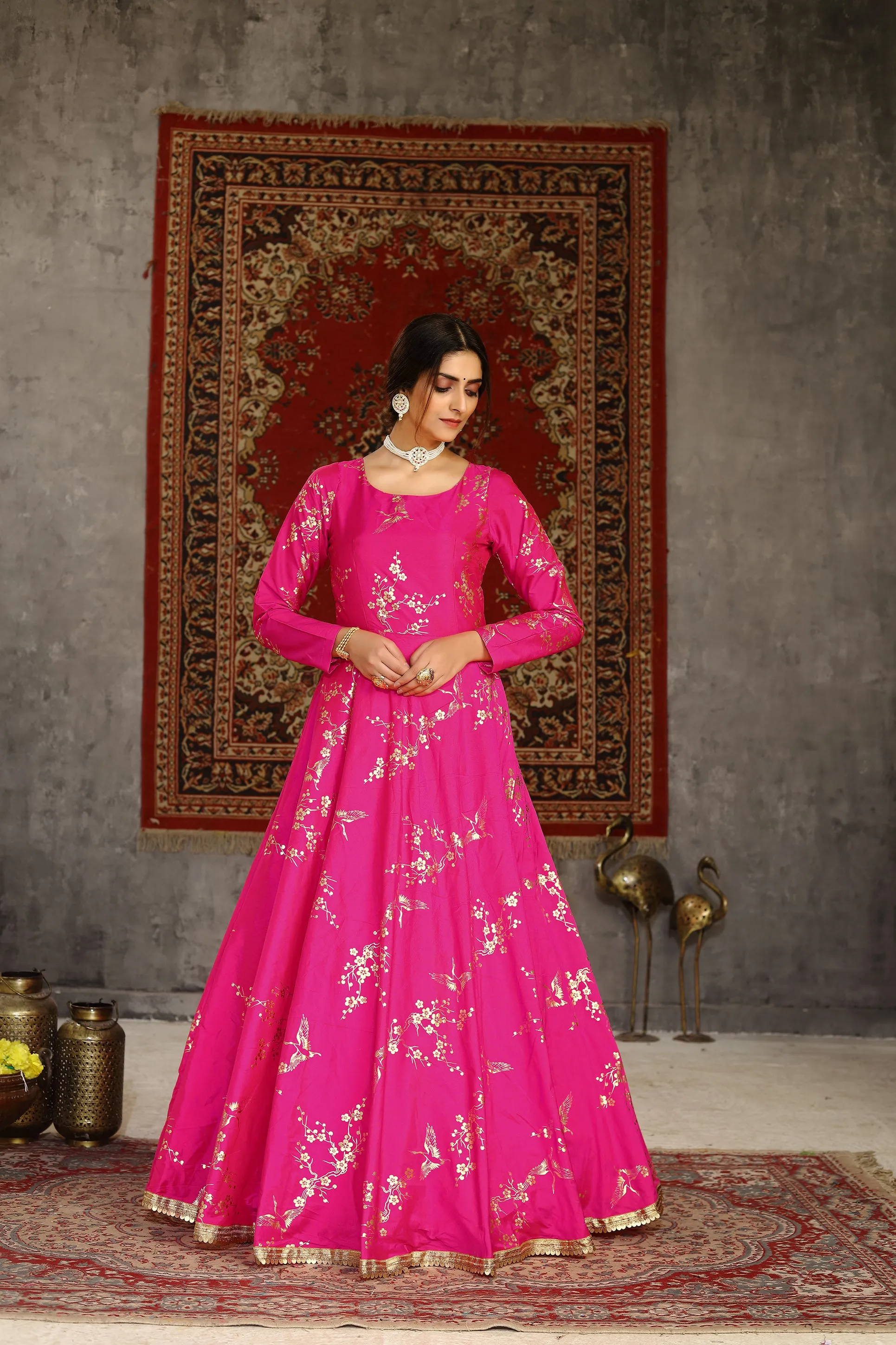 Deep Pink Metallic Foilage Taffeta Evening Long Gown Semi Stitched