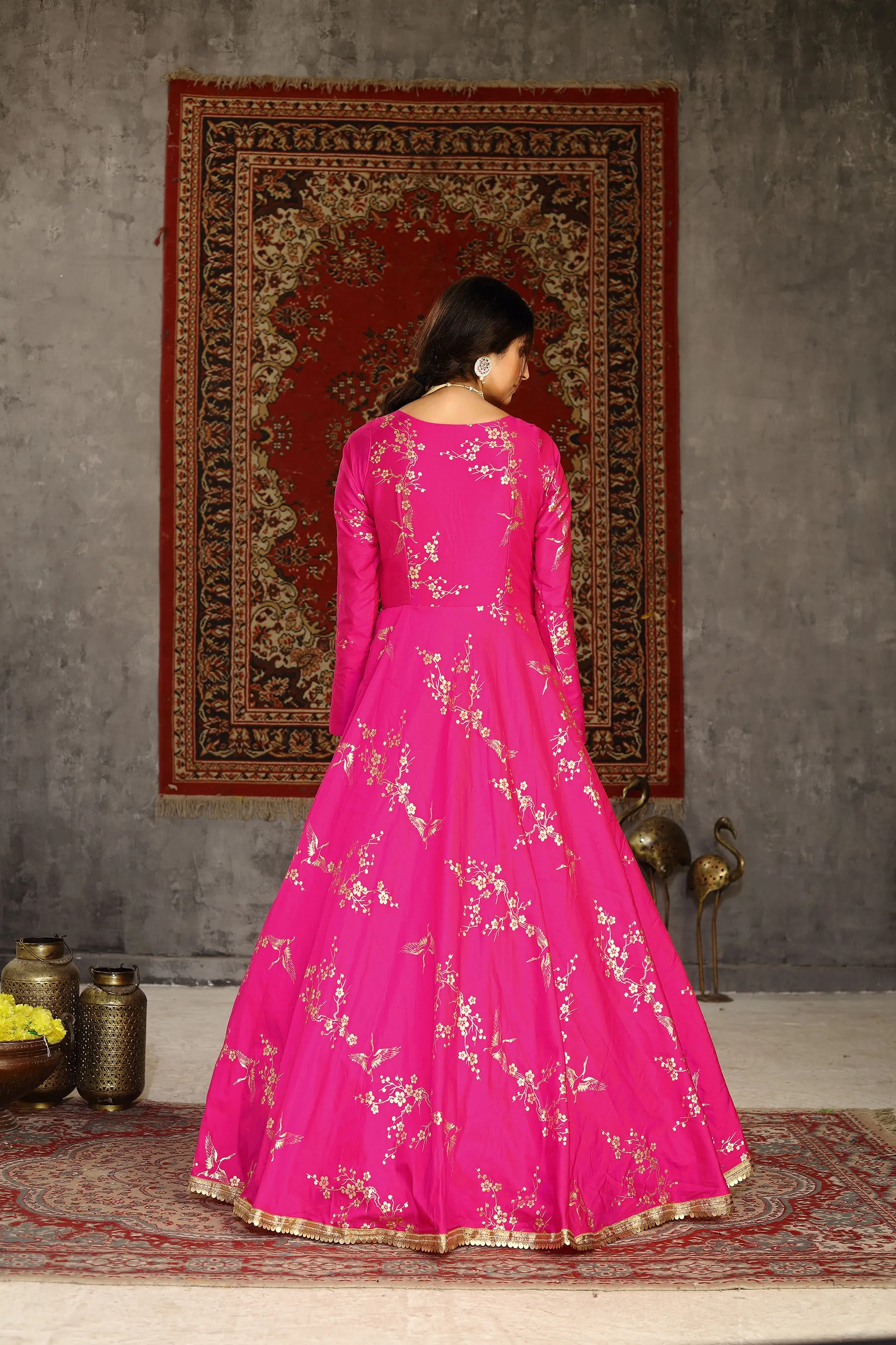 Deep Pink Metallic Foilage Taffeta Evening Long Gown Semi Stitched