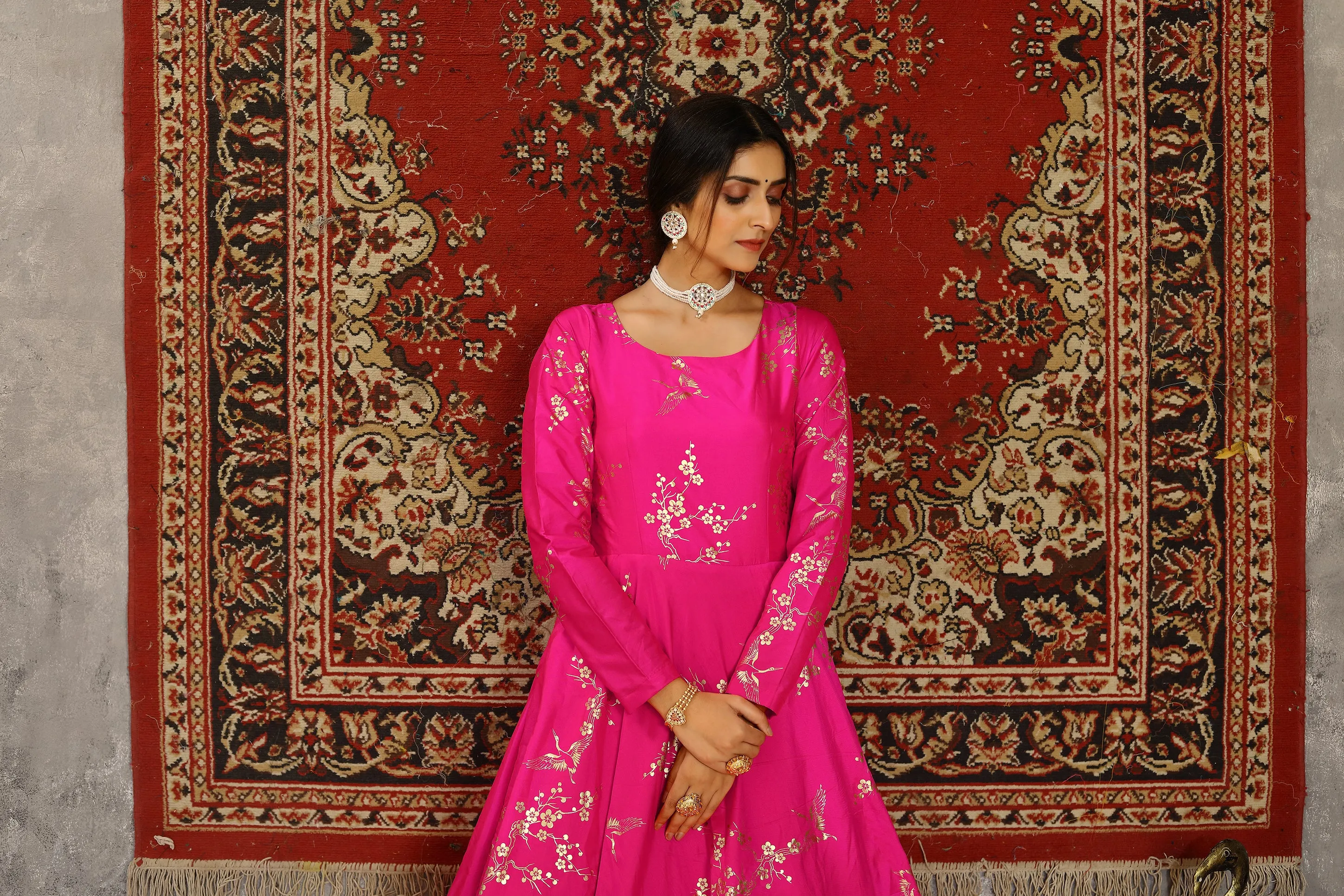 Deep Pink Metallic Foilage Taffeta Evening Long Gown Semi Stitched