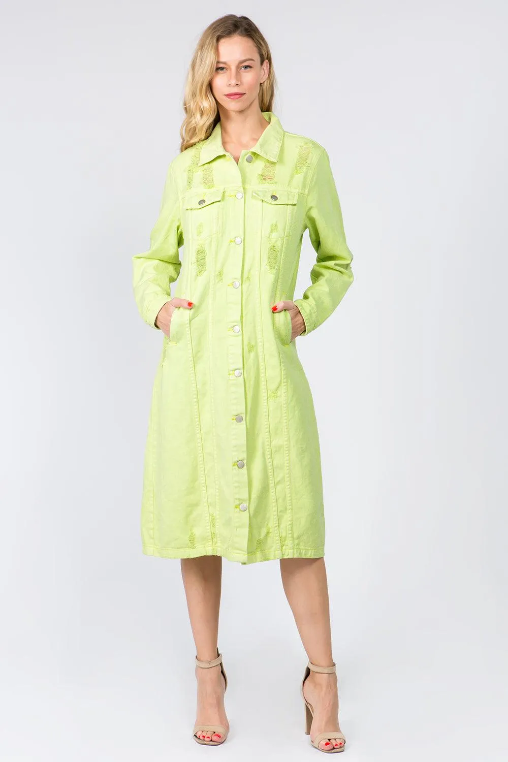 Denim Shirt Dress American Bazi Button Up Distressed Long Sleeve Pocketed