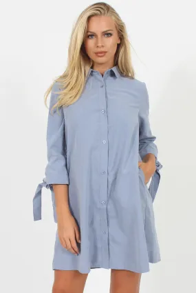 Dusky Blue Suede Tie Cuff Oversized Shirt Dress - Deborah