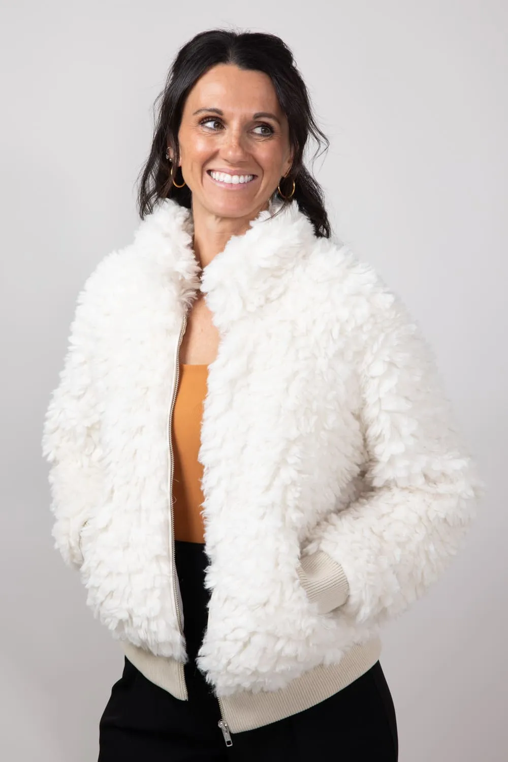 Elan Sherpa Bomber Jacket for Women in Vanilla | JK8196-VAN