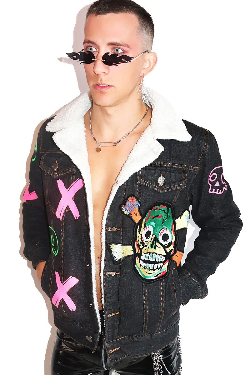 Fuck Me To Death Sherpa Denim Jacket- Black