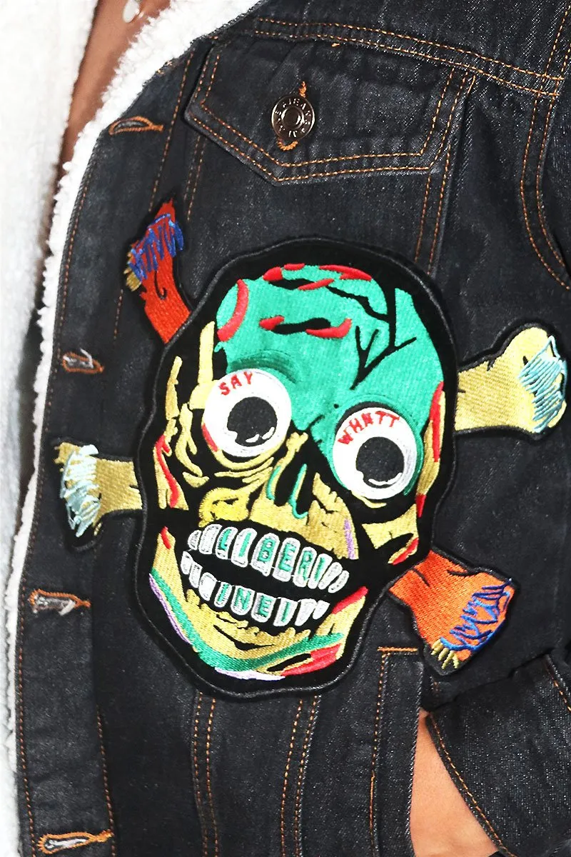 Fuck Me To Death Sherpa Denim Jacket- Black