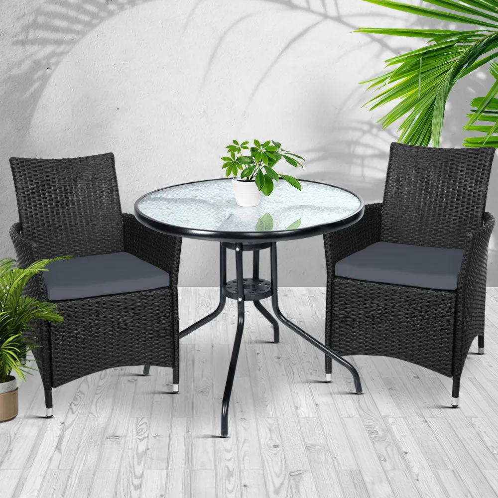 Gardeon 3PC Bistro Set Outdoor Furniture Rattan Table Chairs Cushion Patio Garden Idris