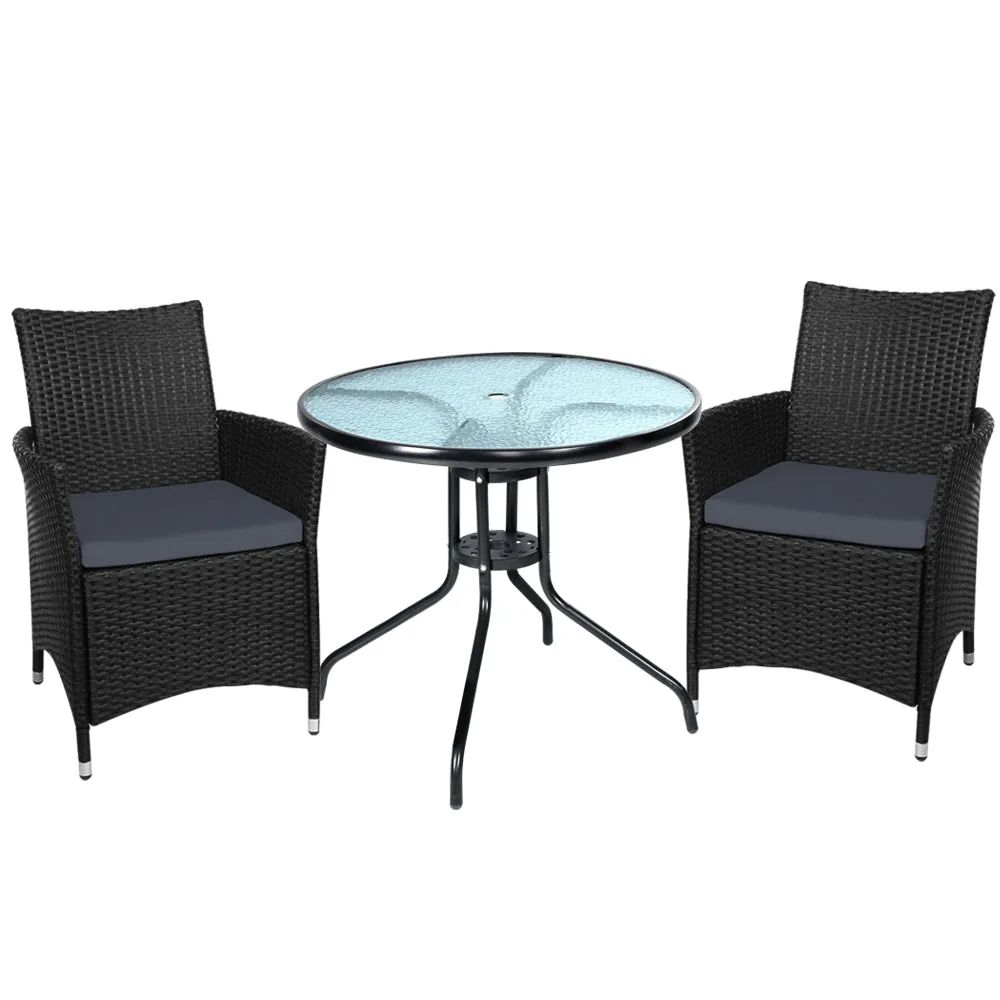 Gardeon 3PC Bistro Set Outdoor Furniture Rattan Table Chairs Cushion Patio Garden Idris