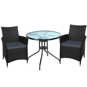 Gardeon 3PC Bistro Set Outdoor Furniture Rattan Table Chairs Cushion Patio Garden Idris