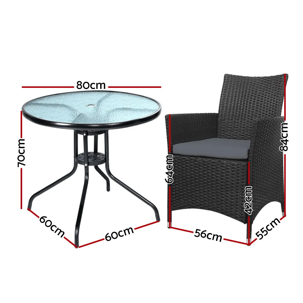 Gardeon 3PC Bistro Set Outdoor Furniture Rattan Table Chairs Cushion Patio Garden Idris