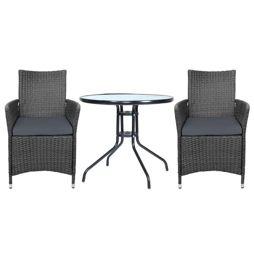 Gardeon 3PC Bistro Set Outdoor Furniture Rattan Table Chairs Cushion Patio Garden Idris