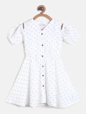 Girls White Printed Cold Shoulder Dress