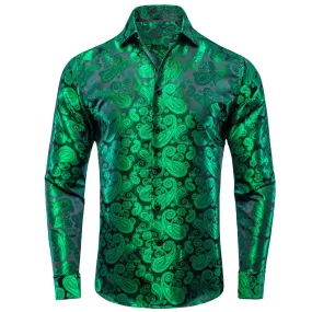 Green Paisley Silk Men's Long Sleeve Shirt