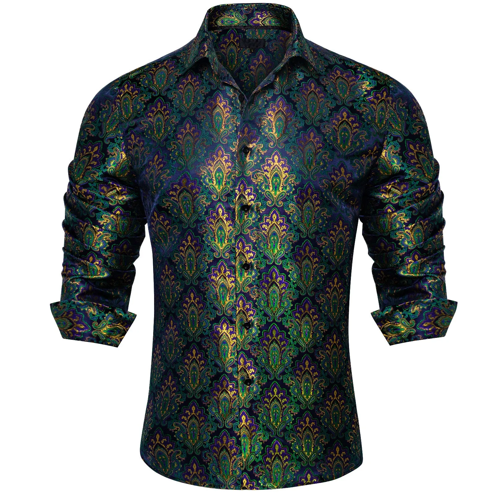 Green Purple Paisley Silk Men's Long Sleeve Shirt
