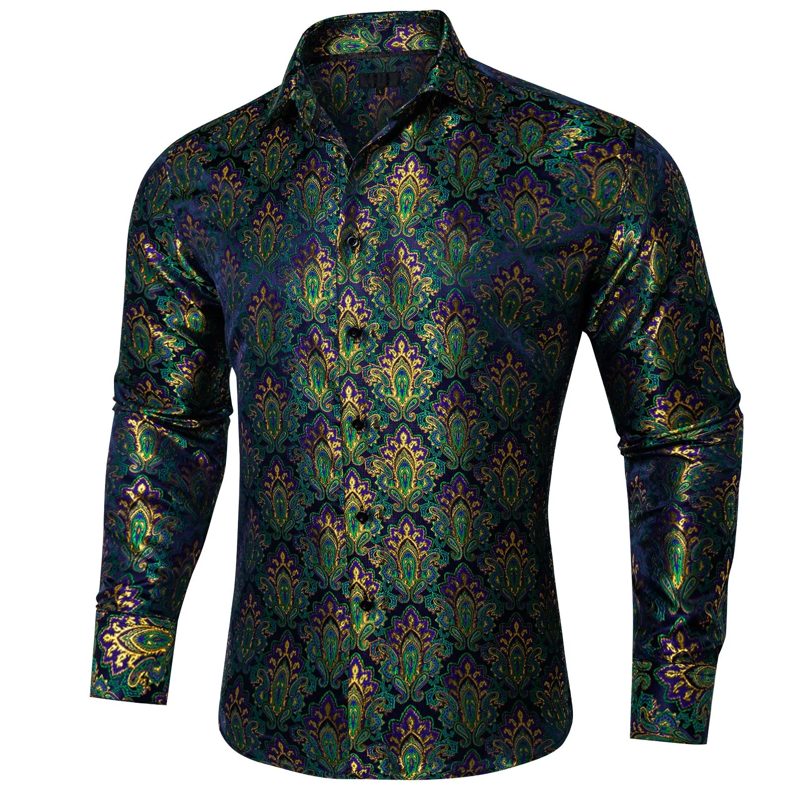 Green Purple Paisley Silk Men's Long Sleeve Shirt