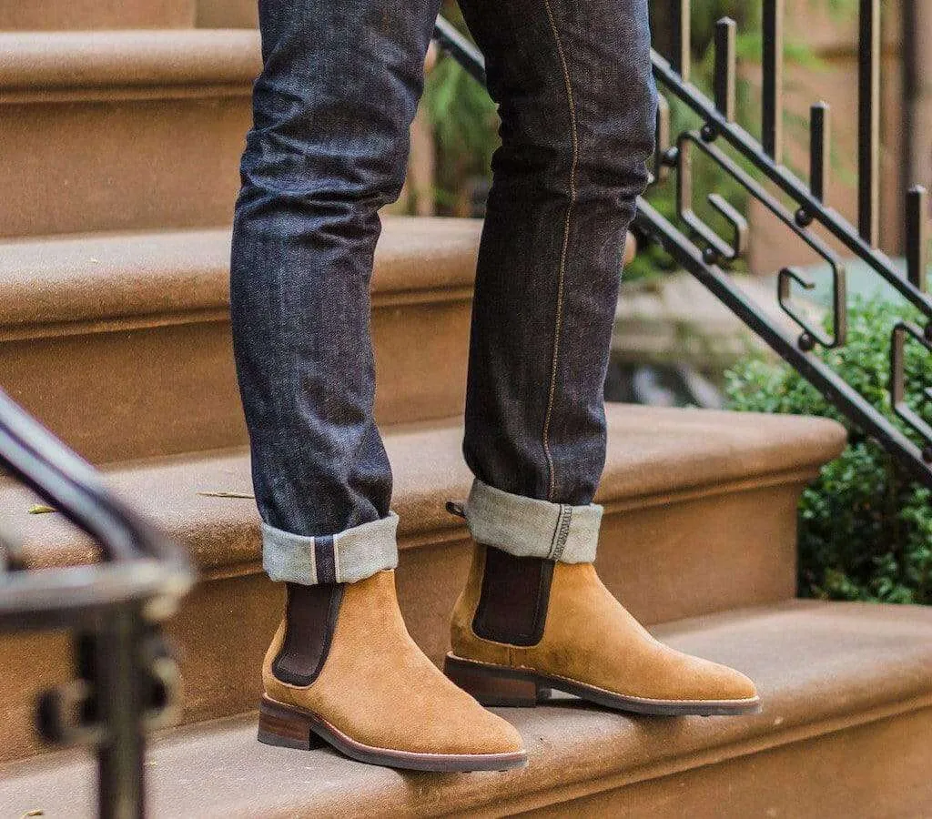 Handmade Men's Ankle High Beige Chelsea Suede Boot