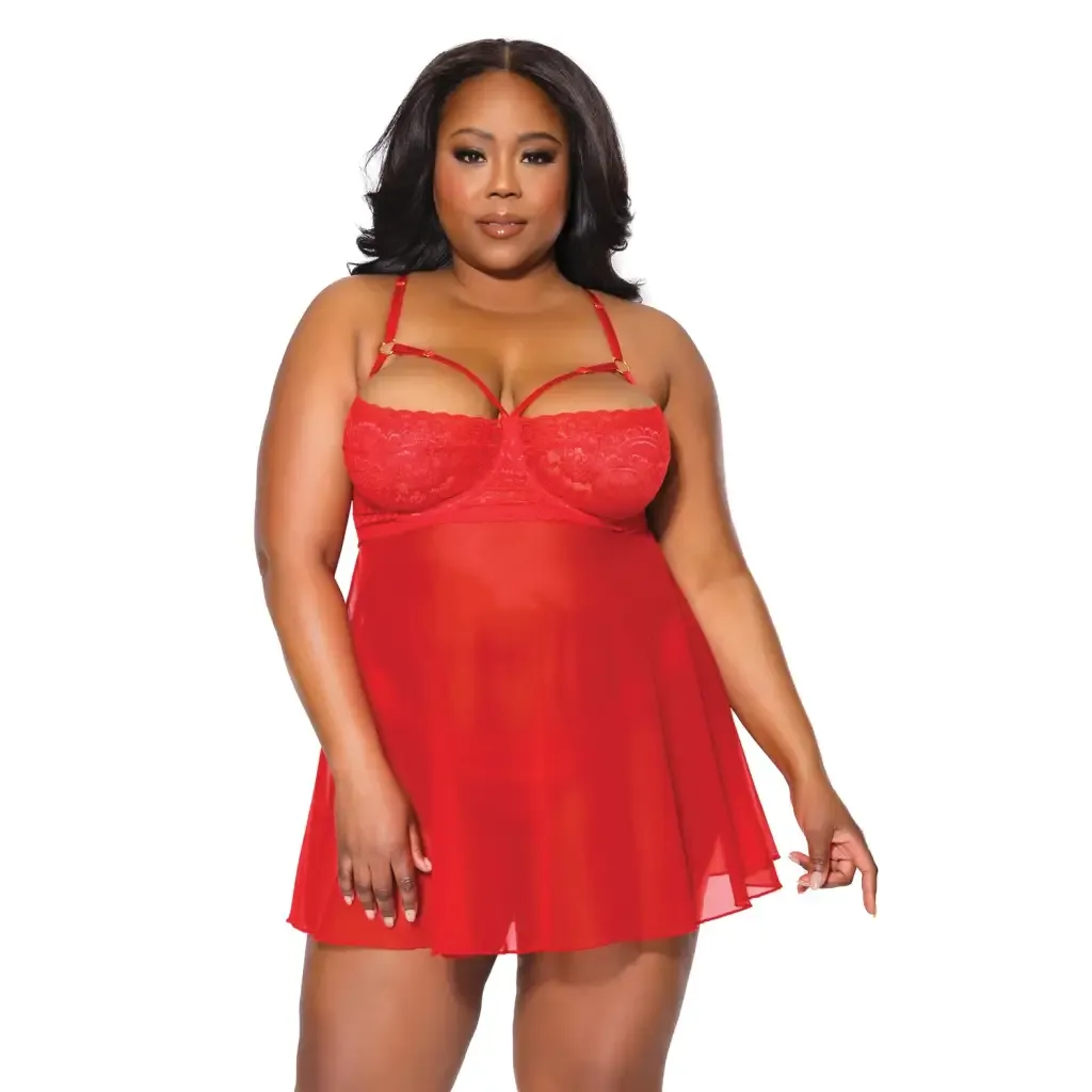 Holiday Scallop Stretch Lace & Mesh Babydoll & Thong Red/gold
