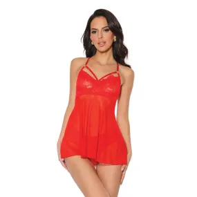 Holiday Scallop Stretch Lace & Mesh Babydoll & Thong