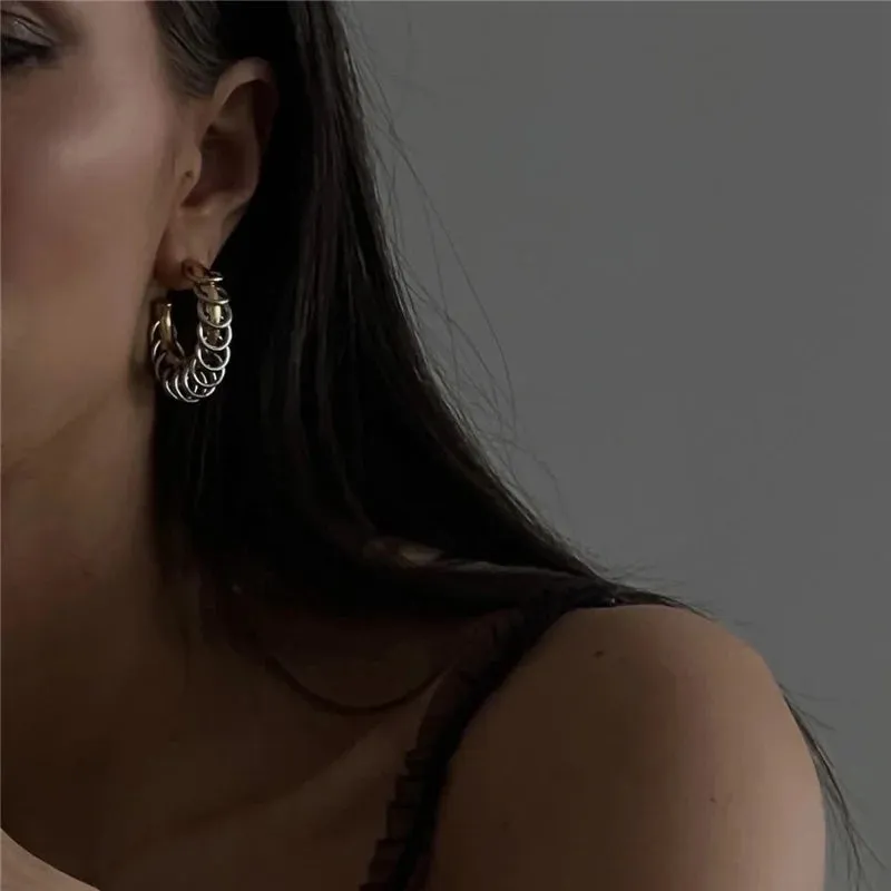 Hoop earrings with chains and rings 18K Gold Plated Statement Jewelry C Hoop Tassel Fringe Dangle Earrings Chunky Earrings