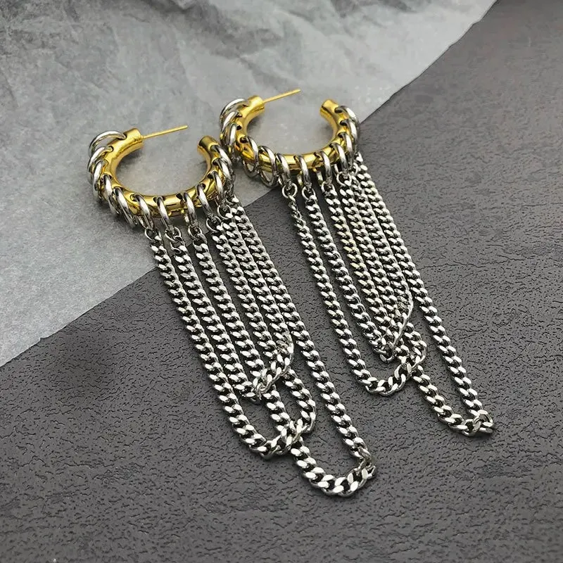 Hoop earrings with chains and rings 18K Gold Plated Statement Jewelry C Hoop Tassel Fringe Dangle Earrings Chunky Earrings