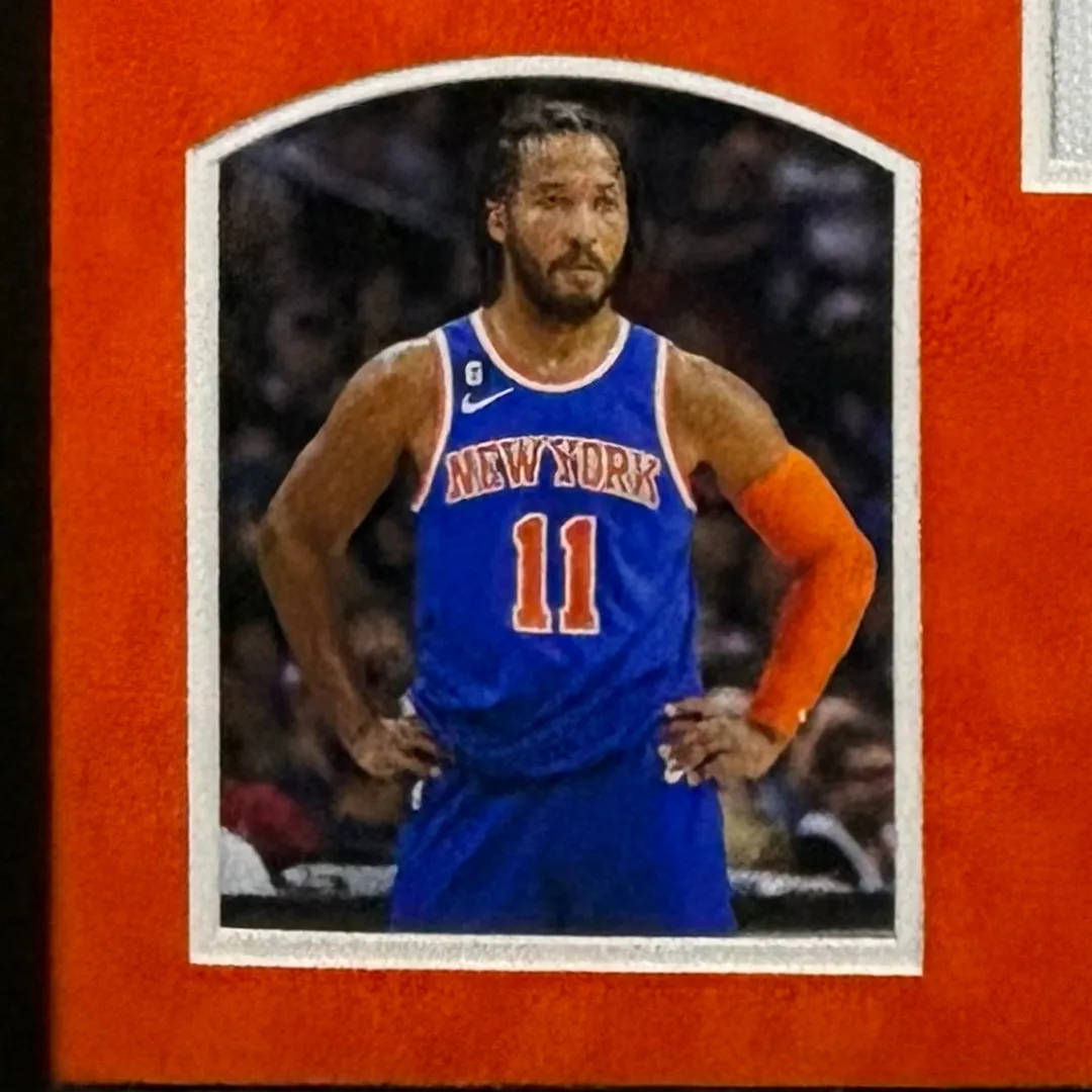 Jalen Brunson Signed New York White Custom Suede Matte Framed Basketball Jersey (JSA)