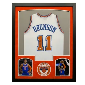 Jalen Brunson Signed New York White Custom Suede Matte Framed Basketball Jersey (JSA)