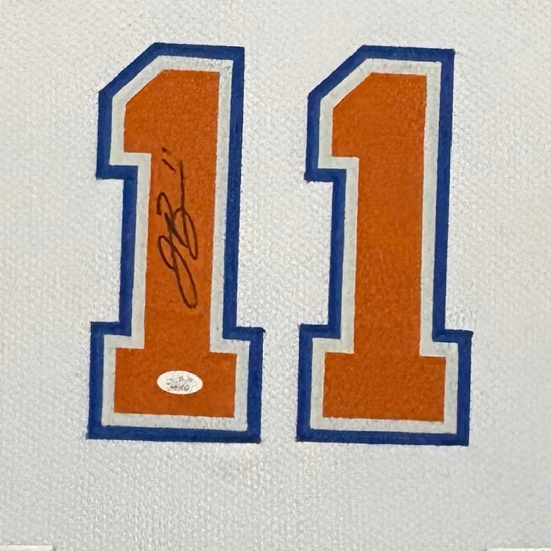 Jalen Brunson Signed New York White Custom Suede Matte Framed Basketball Jersey (JSA)